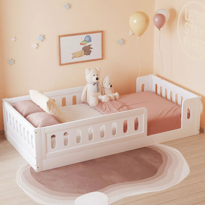 Two white platform beds with guardrails in a pastel pink nursery by Unique Piece Furniture on Tampa Home & Garden Store