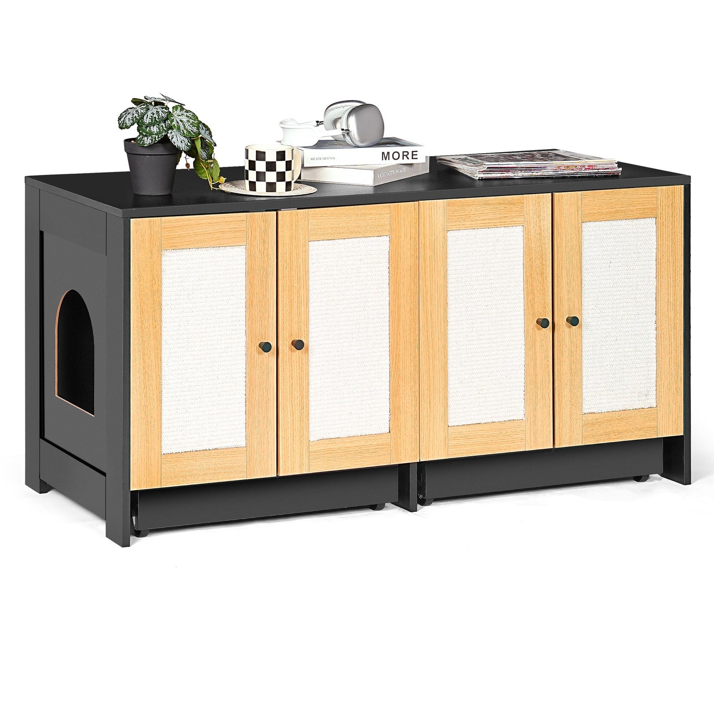 Double Litter Box Enclosure for Cats by HouseOfZazla in black frame with natural wood doors on Tampa Home & Garden Store