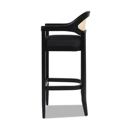 Mid-Century Cane Back Counter Stool with black frame and beige cane back on Tampa Home & Garden Store