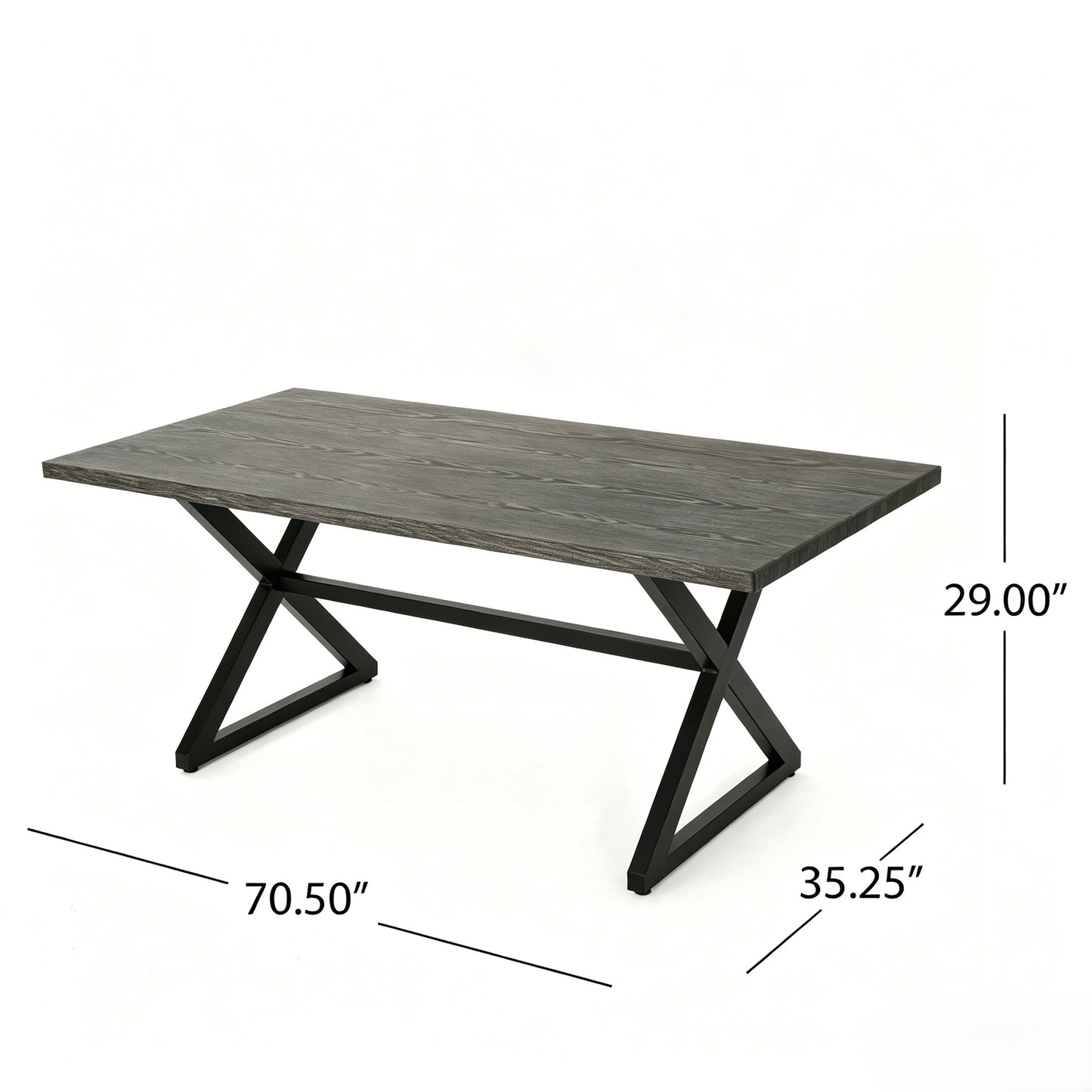Rectangular dark woodgrain outdoor dining table with black X-frame legs on Tampa Home & Garden Store