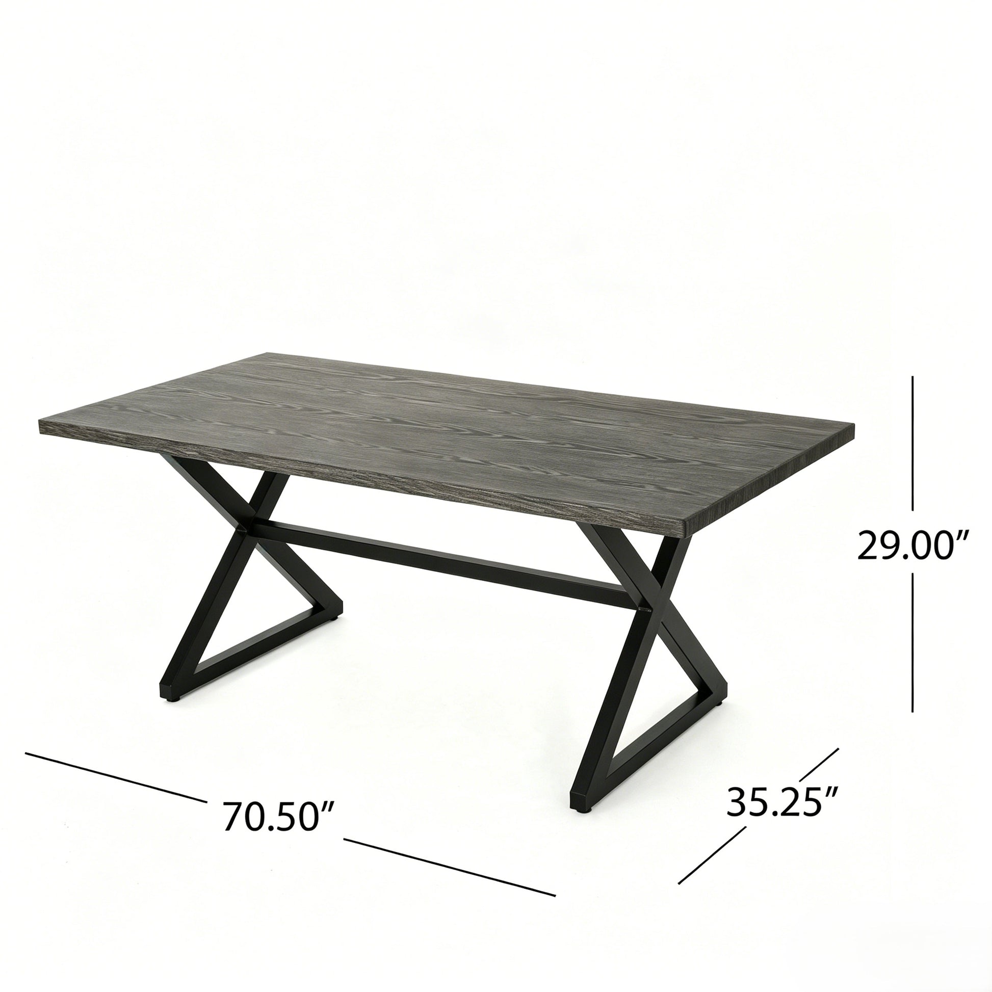 Rectangular dark woodgrain outdoor dining table with black X-frame legs on Tampa Home & Garden Store