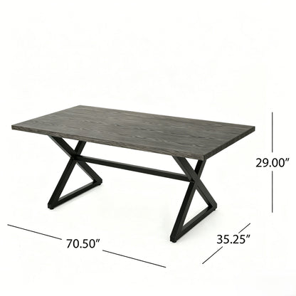 Rectangular dark woodgrain outdoor dining table with black X-frame legs on Tampa Home & Garden Store