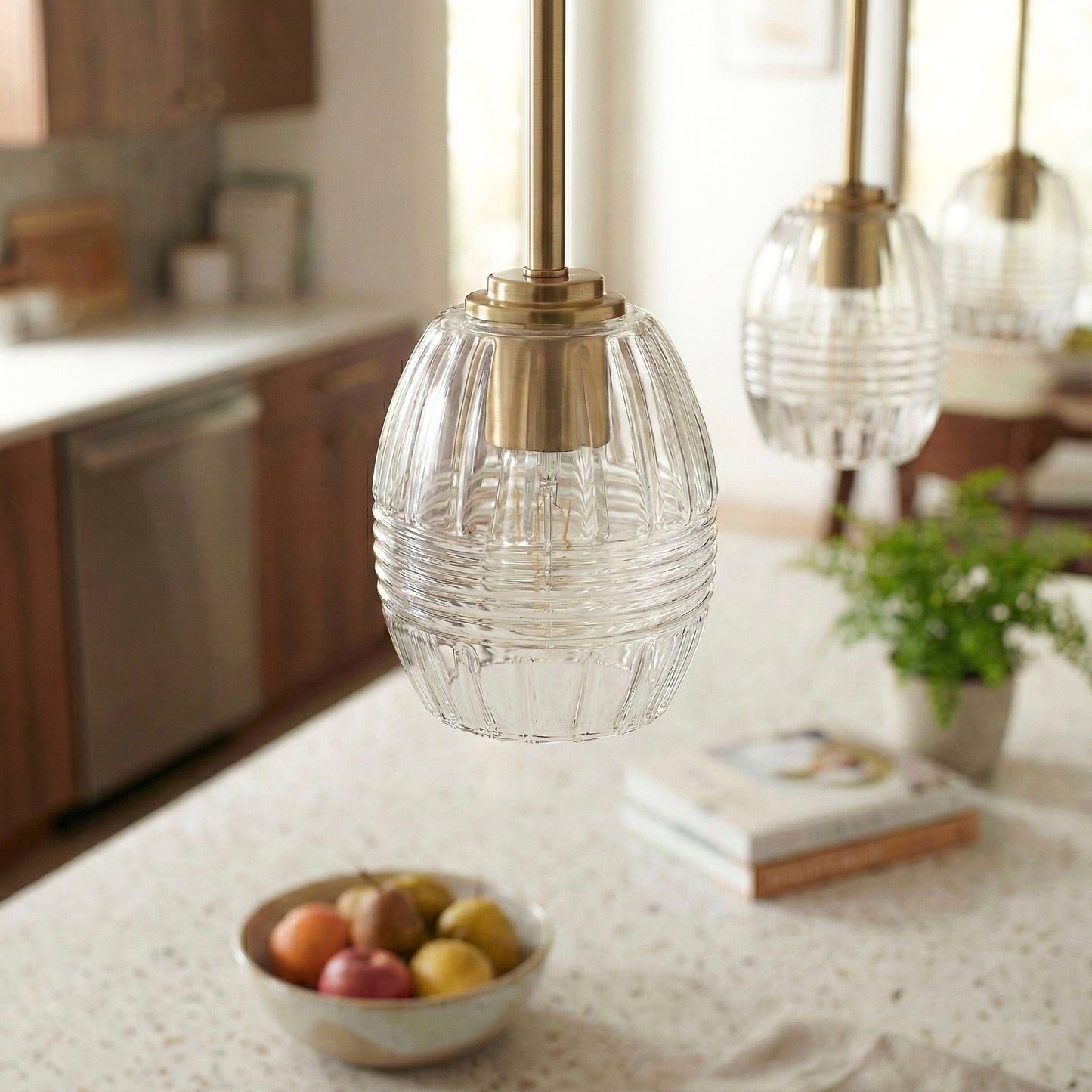 Vista pendant lights: clear ribbed glass shades with brass hardware, 2-pack by HouseOfZazla on Tampa Home & Garden Store