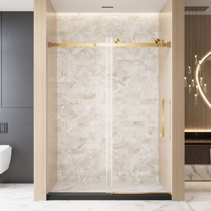 Frameless single sliding glass shower door with gold square-tube track and handle in a modern bathroom on Tampa Home & Garden Store