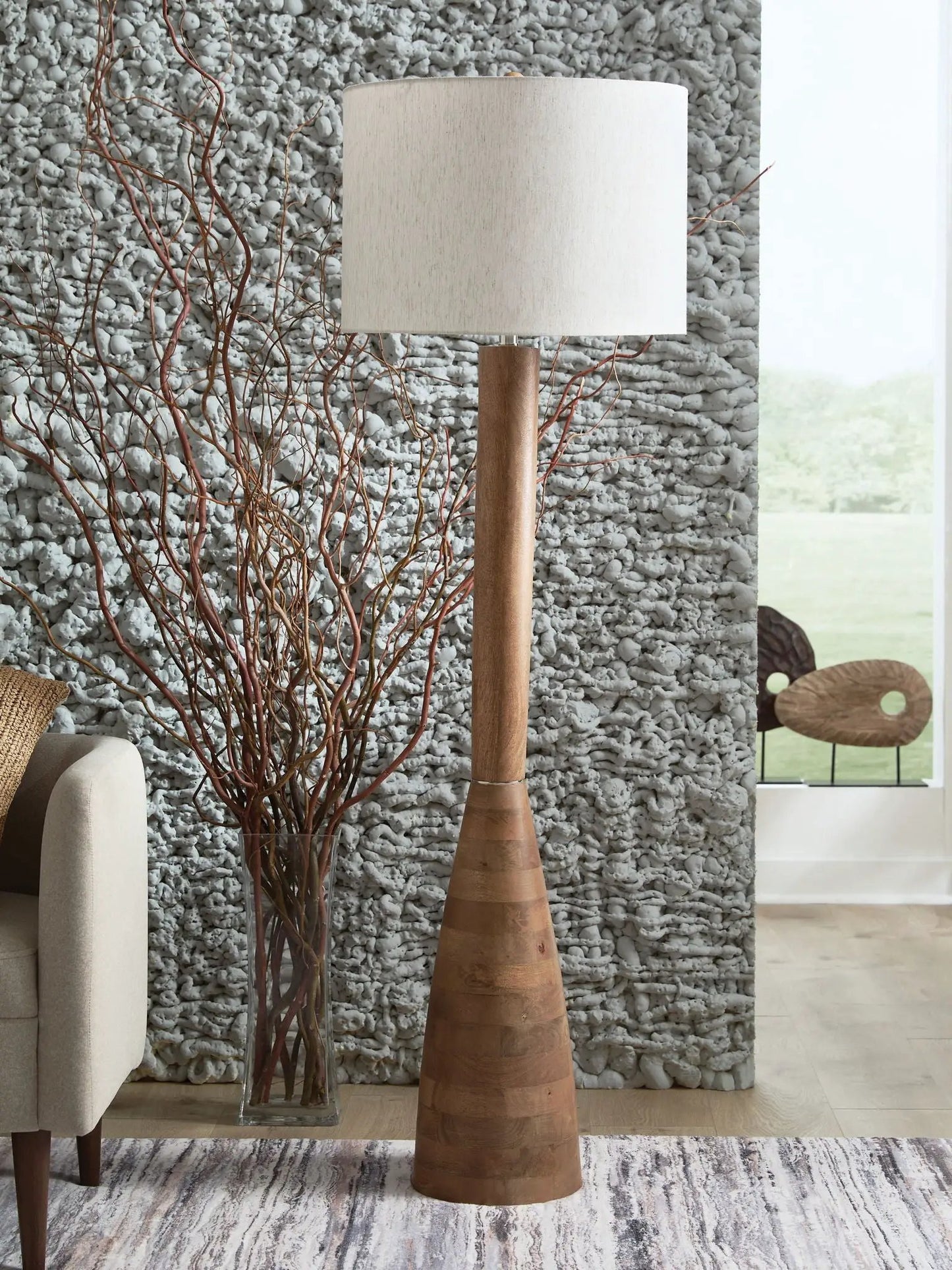 Ailsa wood floor lamp natural brown with beige fabric shade; tall tapered base on Tampa Home & Garden Store