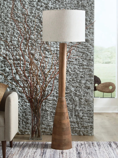 Ailsa wood floor lamp natural brown with beige fabric shade; tall tapered base on Tampa Home & Garden Store