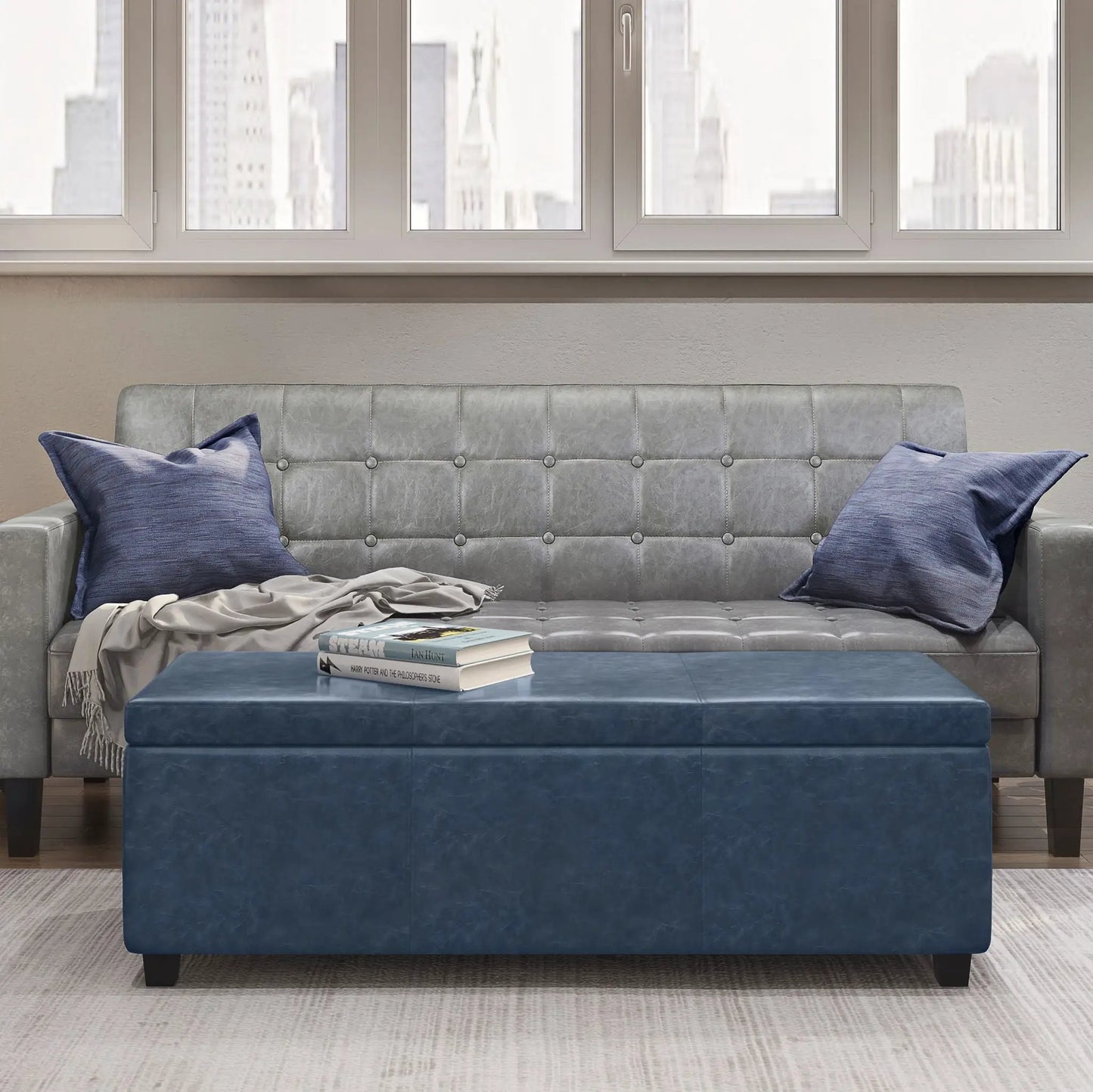 Avalon multifunctional storage ottoman bench in blue faux leather with tufted upholstery on Tampa Home & Garden Store