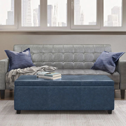 Avalon multifunctional storage ottoman bench in blue faux leather with tufted upholstery on Tampa Home & Garden Store