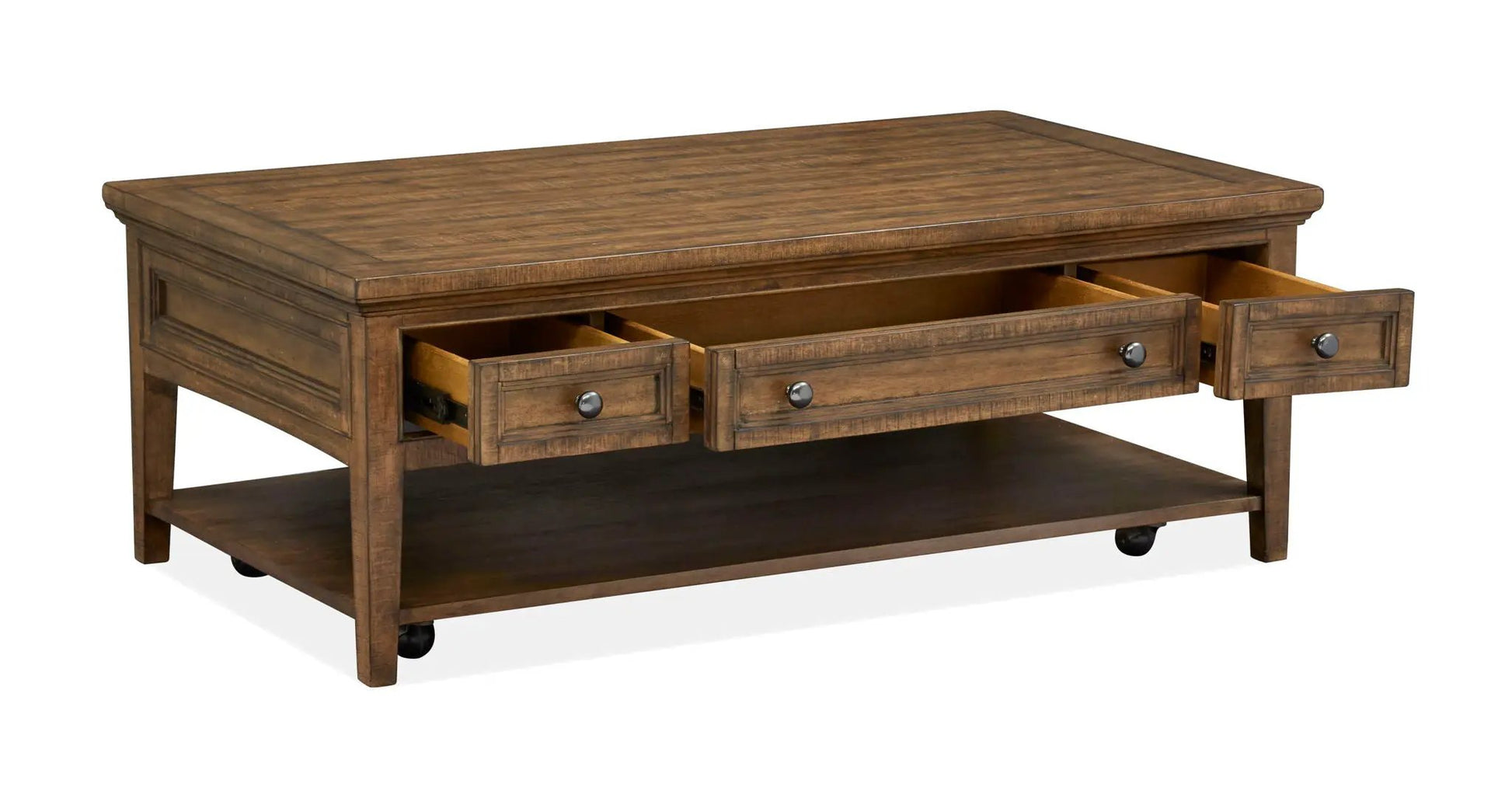 Bay Creek rectangular coffee table with four drawers and lower shelf by Unique Piece Furniture on Tampa Home & Garden Store