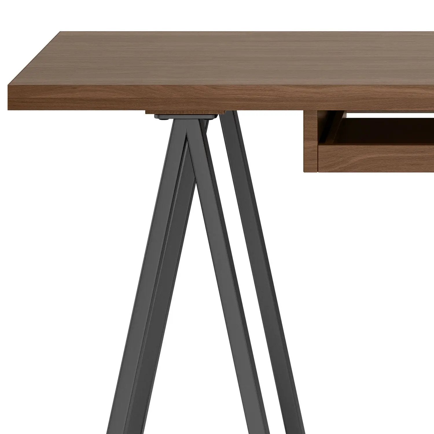 Sawhorse solid desk with warm brown wood top and black metal trestle legs on Tampa Home & Garden Store