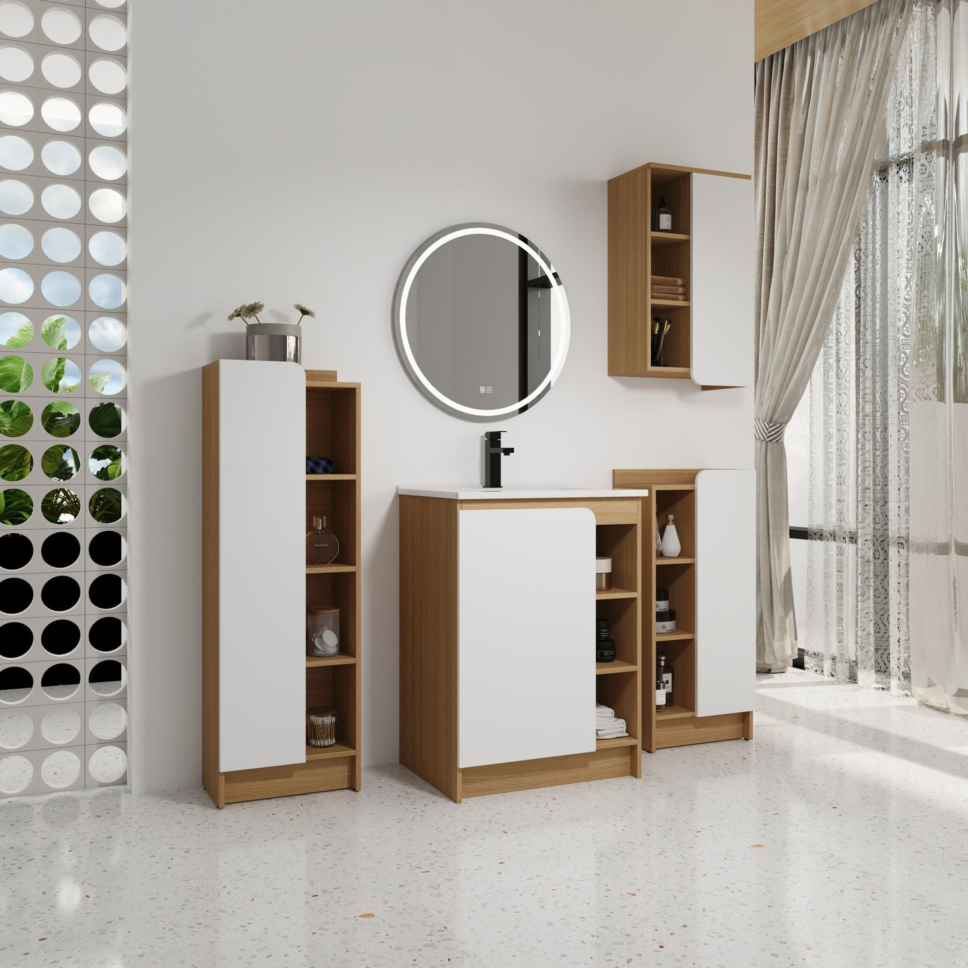 4 Piece Bathroom Vanity Set with Sink, light oak and white cabinets, circular LED mirror on Tampa Home & Garden Store