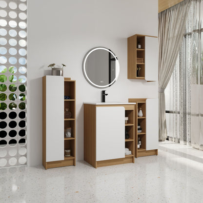 4 Piece Bathroom Vanity Set with Sink, light oak and white cabinets, circular LED mirror on Tampa Home & Garden Store