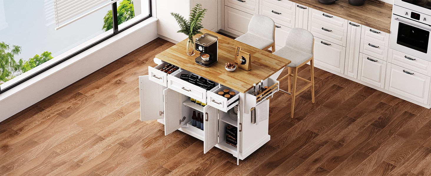 K&K 54-Inch Kitchen Island with Rubber Wood Drop Leaf, white base, wood top, drawers on Tampa Home & Garden Store