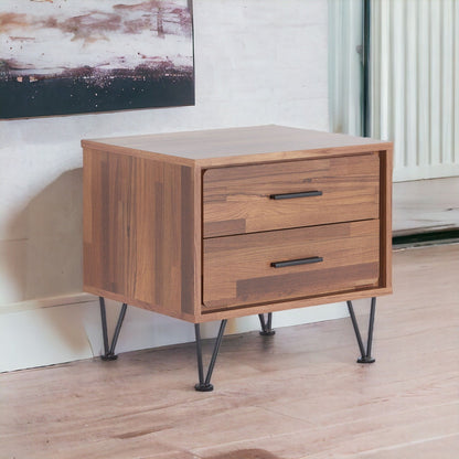 Deoss Walnut Accent Table by HouseOfZazla; three-drawer cabinet with black hairpin legs on Tampa Home & Garden Store