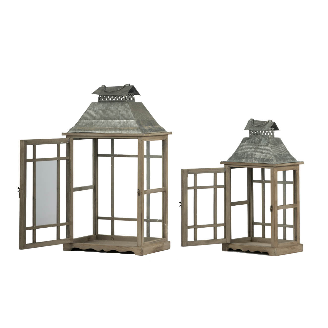 S/2 Classic Scape Lanterns set of 2 wooden lanterns with metal roofs and glass panes on Tampa Home & Garden Store