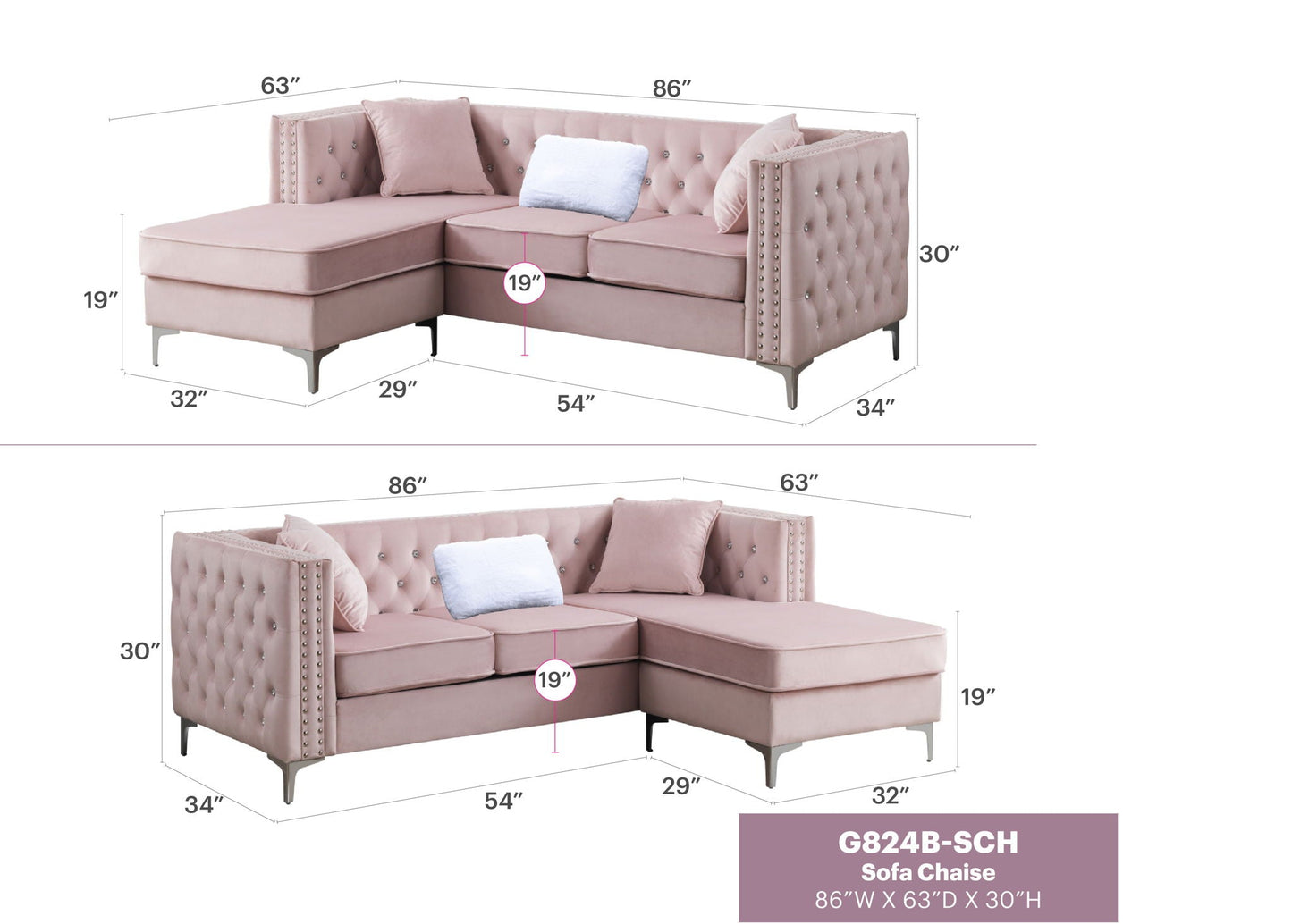Paige Sofa Chaise and Elegant Tufted Steel Legs