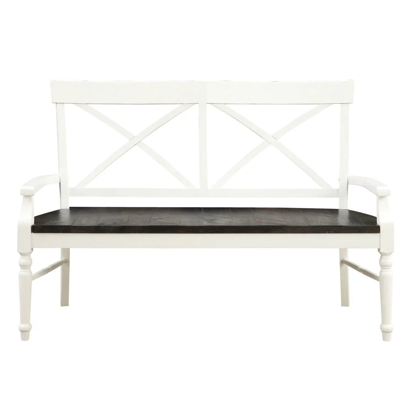 Mountina bench white frame with dark brown wood seat and X-back design by Unique Piece Furniture on Tampa Home & Garden Store