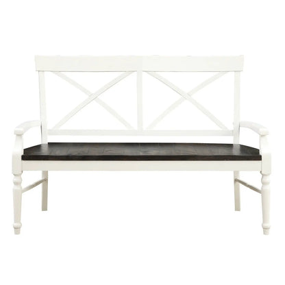Mountina bench white frame with dark brown wood seat and X-back design by Unique Piece Furniture on Tampa Home & Garden Store