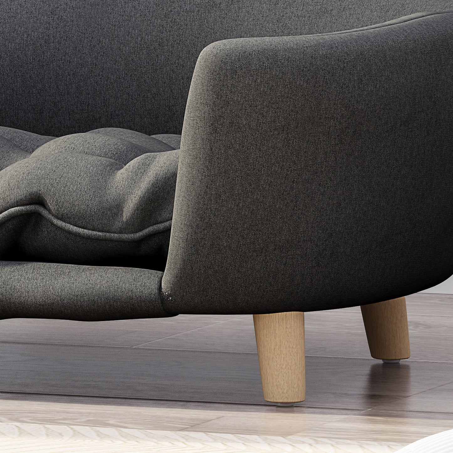 HouseOfZazla elevated dog bed frame in dark gray fabric with rubber wood legs on display on Tampa Home & Garden Store
