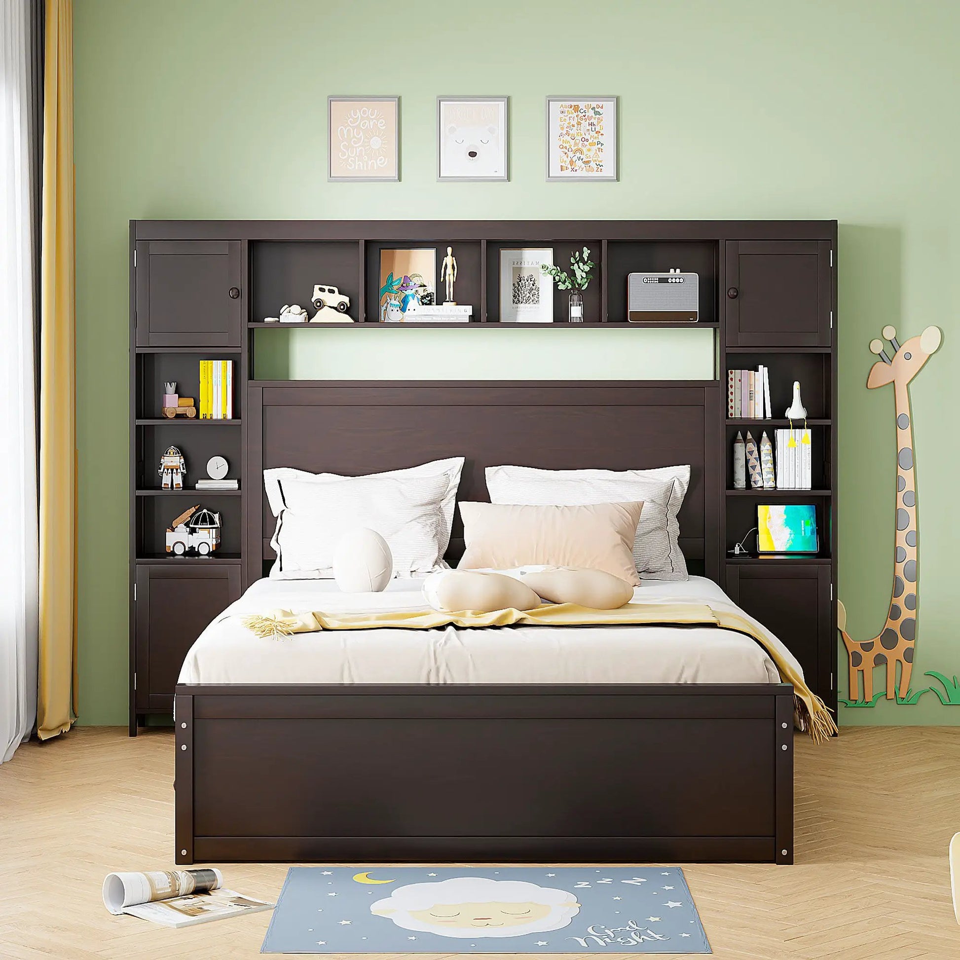 Cabinet bed with shelf and sockets, dark brown twin long trundle by Unique Piece Furniture on Tampa Home & Garden Store