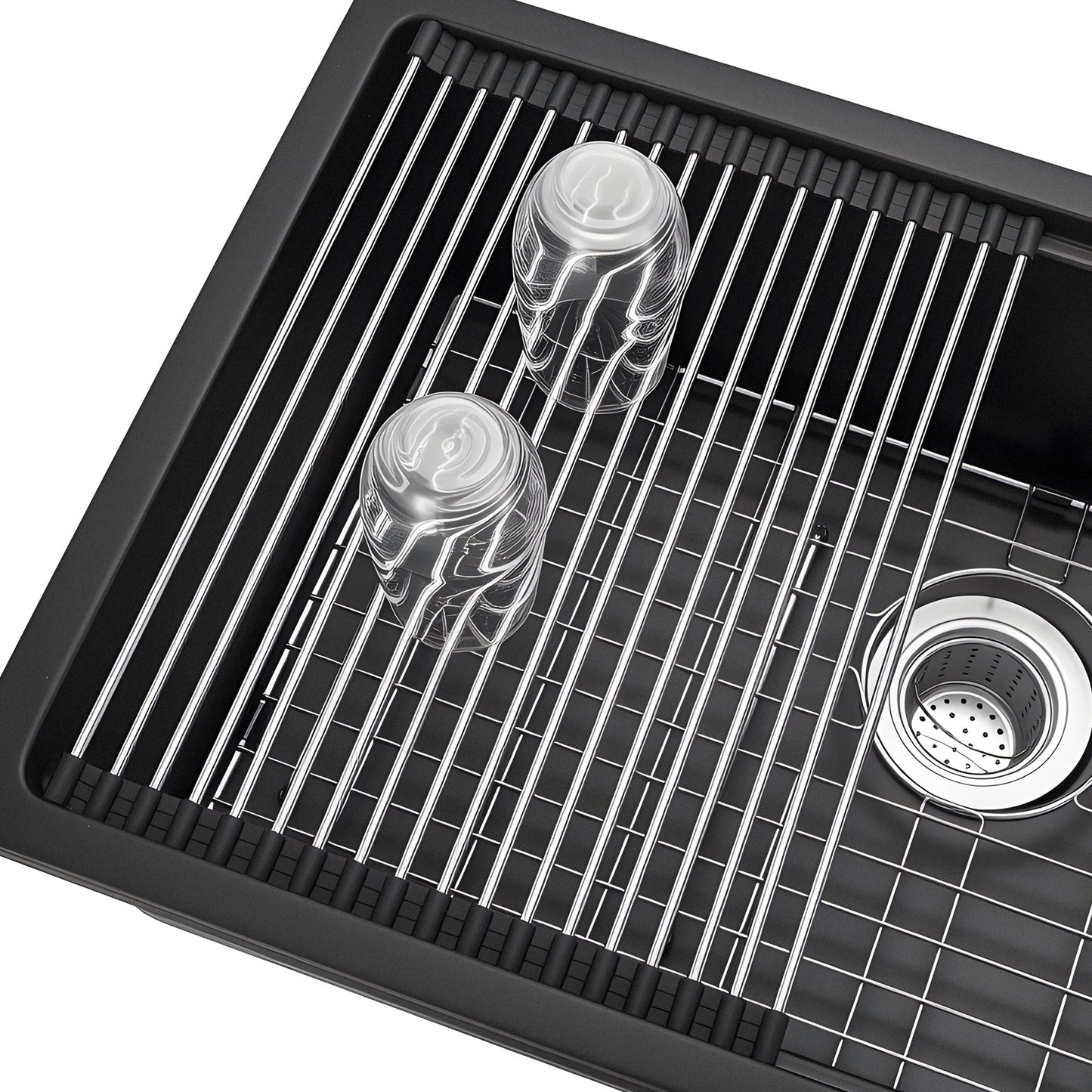 30in granite kitchen sink undermount with chrome wire grid rack and two glass cups on Tampa Home & Garden Store