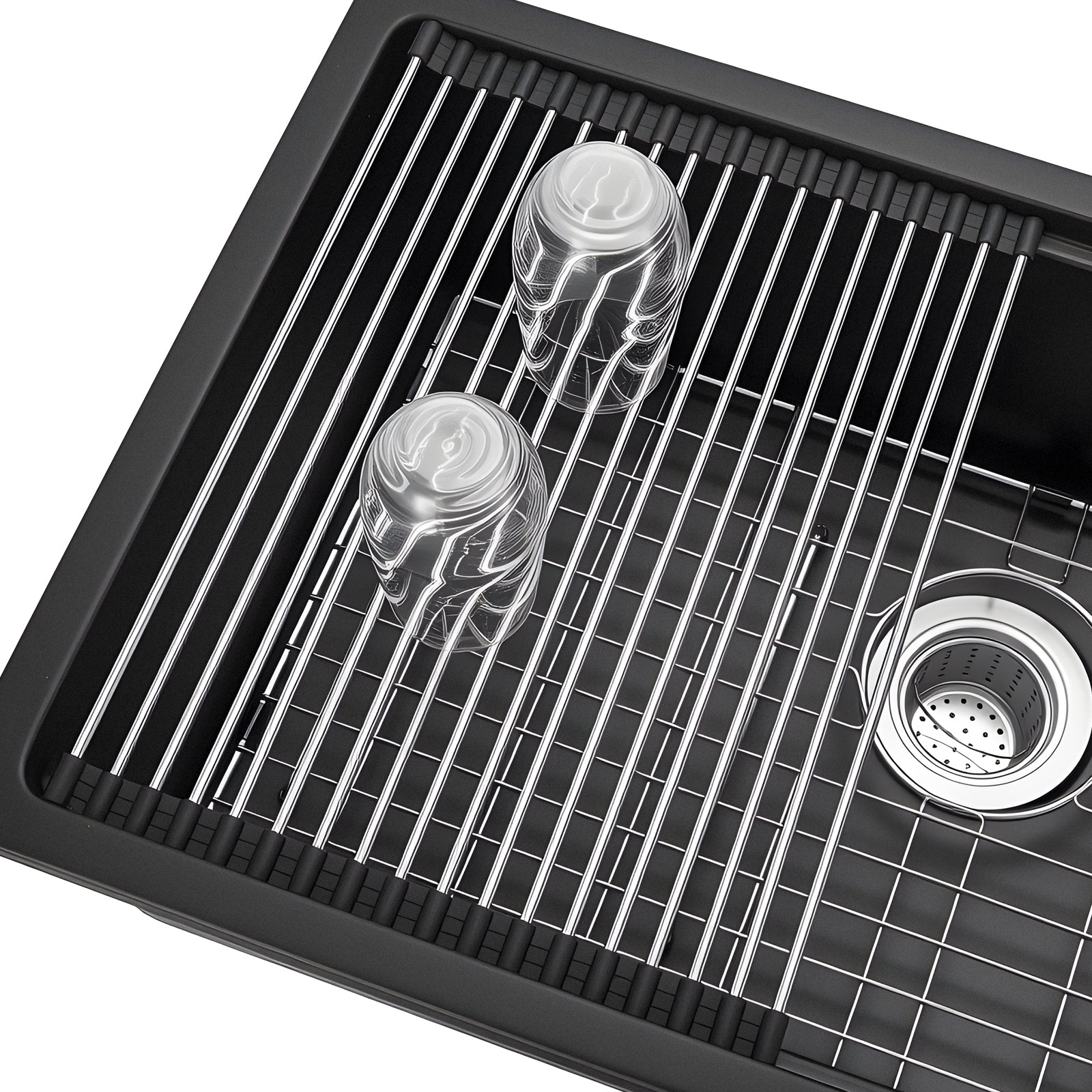 30in granite kitchen sink undermount with chrome wire grid rack and two glass cups on Tampa Home & Garden Store