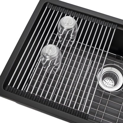30in granite kitchen sink undermount with chrome wire grid rack and two glass cups on Tampa Home & Garden Store