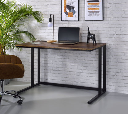 Tyrese Writing Desk With USB, wood top, black metal frame with ASUS laptop, desk lamp, plant on Tampa Home & Garden Store
