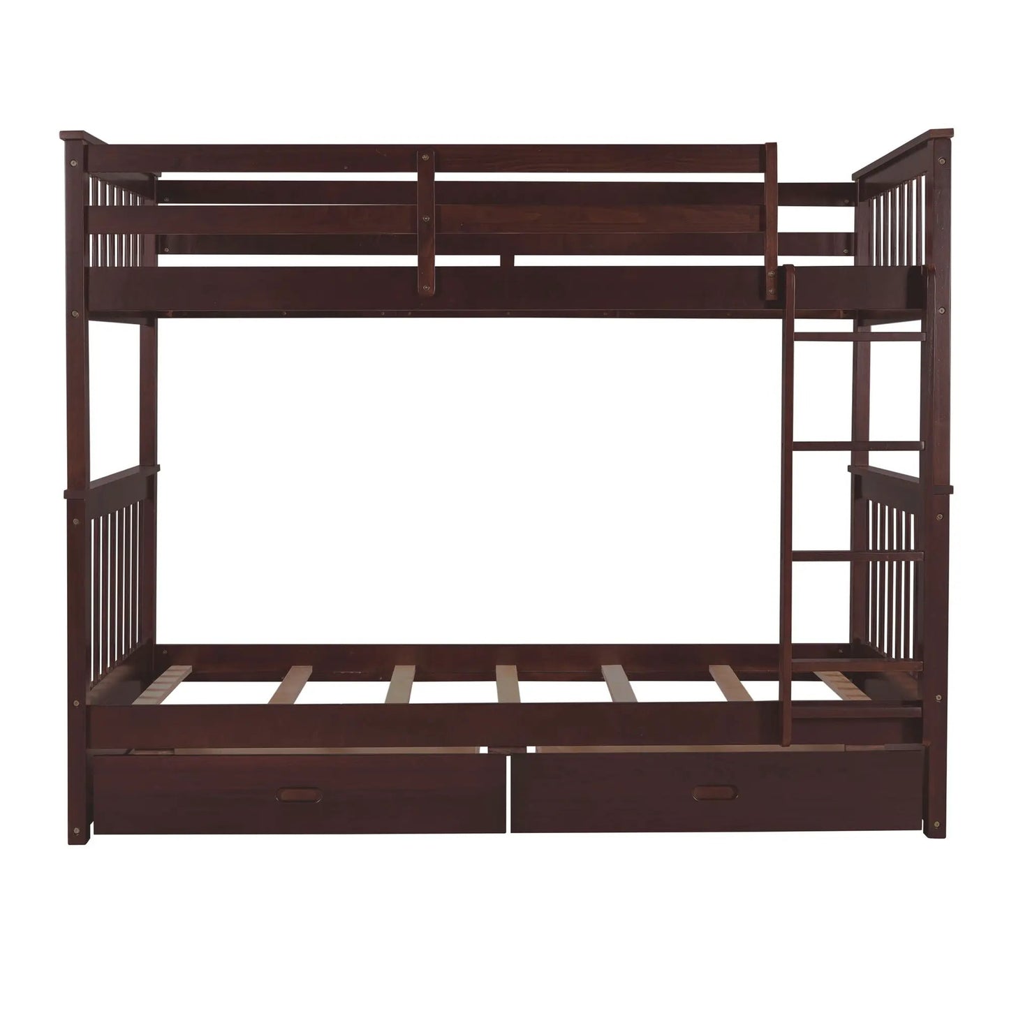 Dark wood bunk bed frame with top guard rails, side ladder, and two front storage drawers on Tampa Home & Garden Store