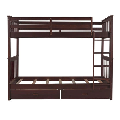 Dark wood bunk bed frame with top guard rails, side ladder, and two front storage drawers on Tampa Home & Garden Store