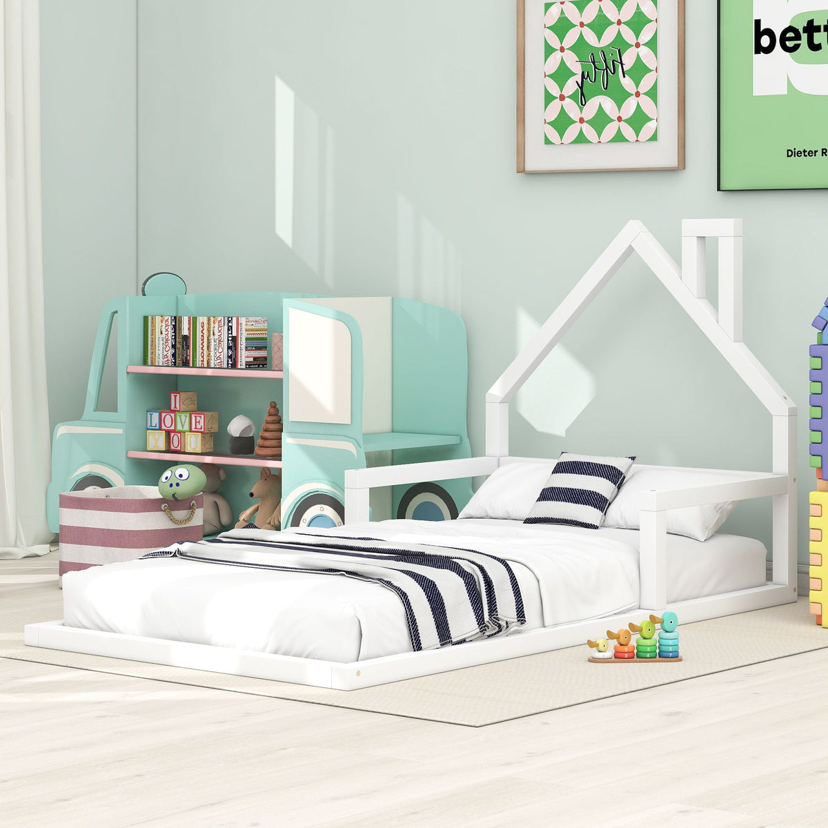 Floor bed with house-shaped headboard by HouseOfZazla, white kids platform bed with navy finish on Tampa Home & Garden Store