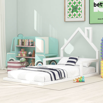 Floor bed with house-shaped headboard by HouseOfZazla, white kids platform bed with navy finish on Tampa Home & Garden Store