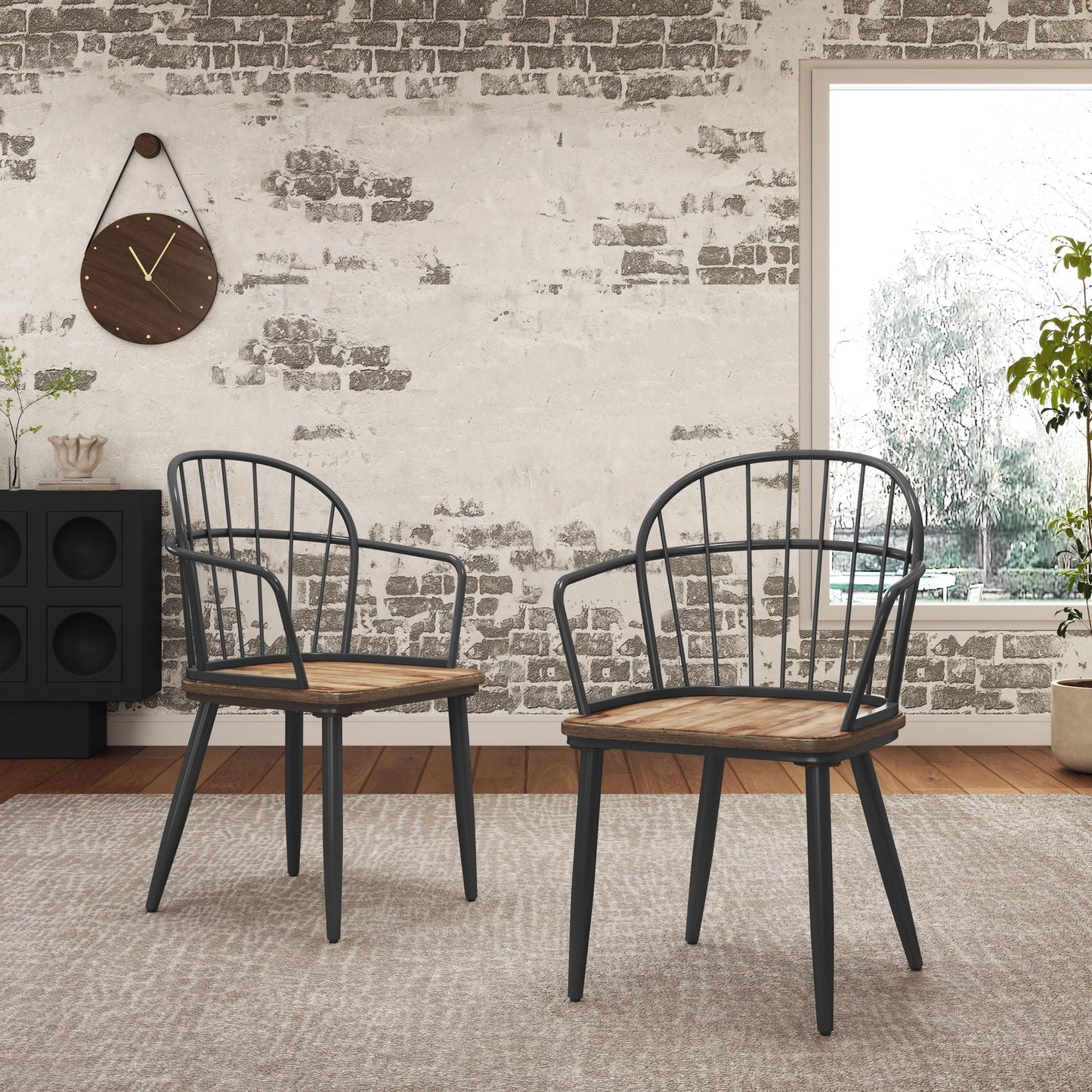 Industrial Inspired Indoor Dining Chair Set of 2 with natural birch seats and black metal legs on Tampa Home & Garden Store