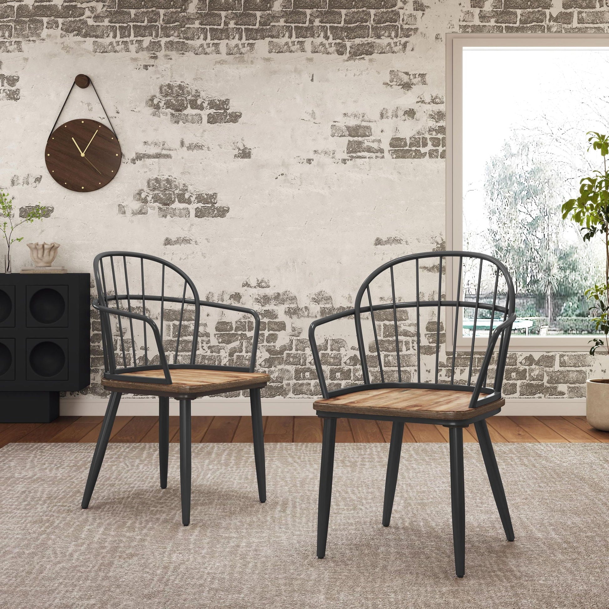 Industrial Inspired Indoor Dining Chair Set of 2 with natural birch seats and black metal legs on Tampa Home & Garden Store