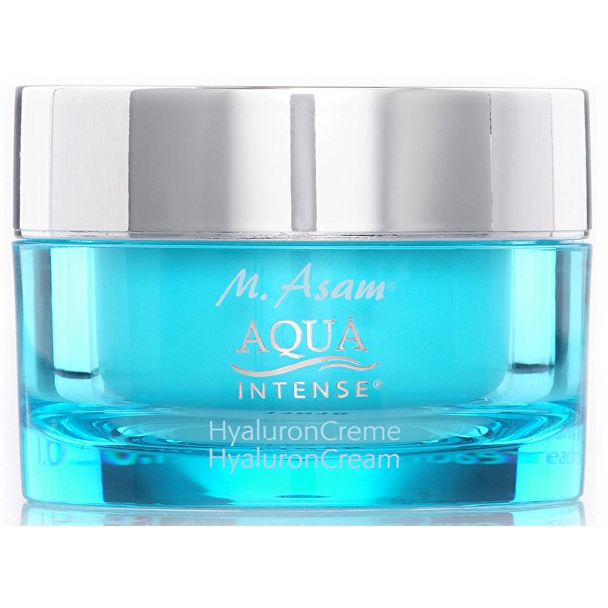M.Asam Aqua Intense HyaluronCream face cream in blue glass jar with silver cap on Tampa Home & Garden Store