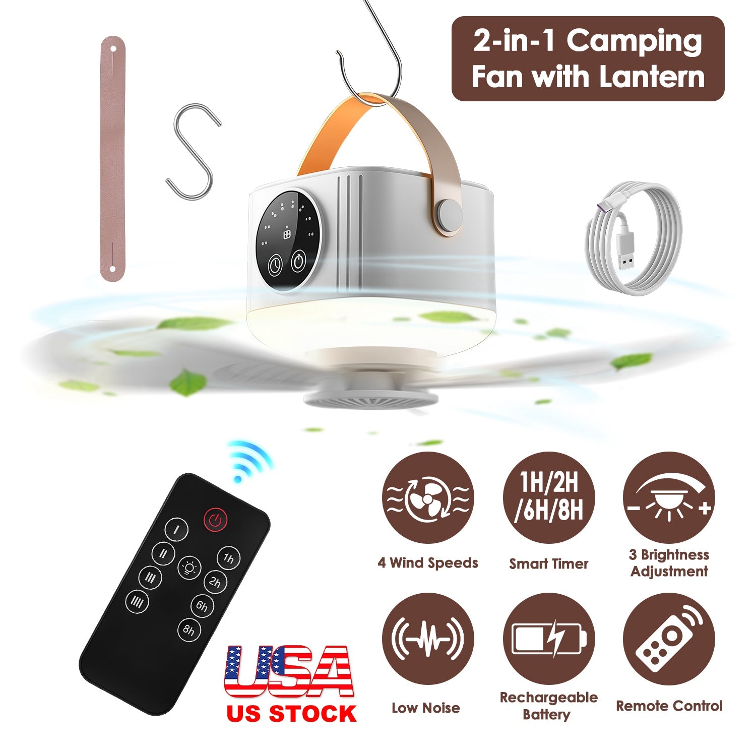 GemGear Rechargeable Tent Ceiling Fan with LED Light and remote control, white body on Tampa Home & Garden Store