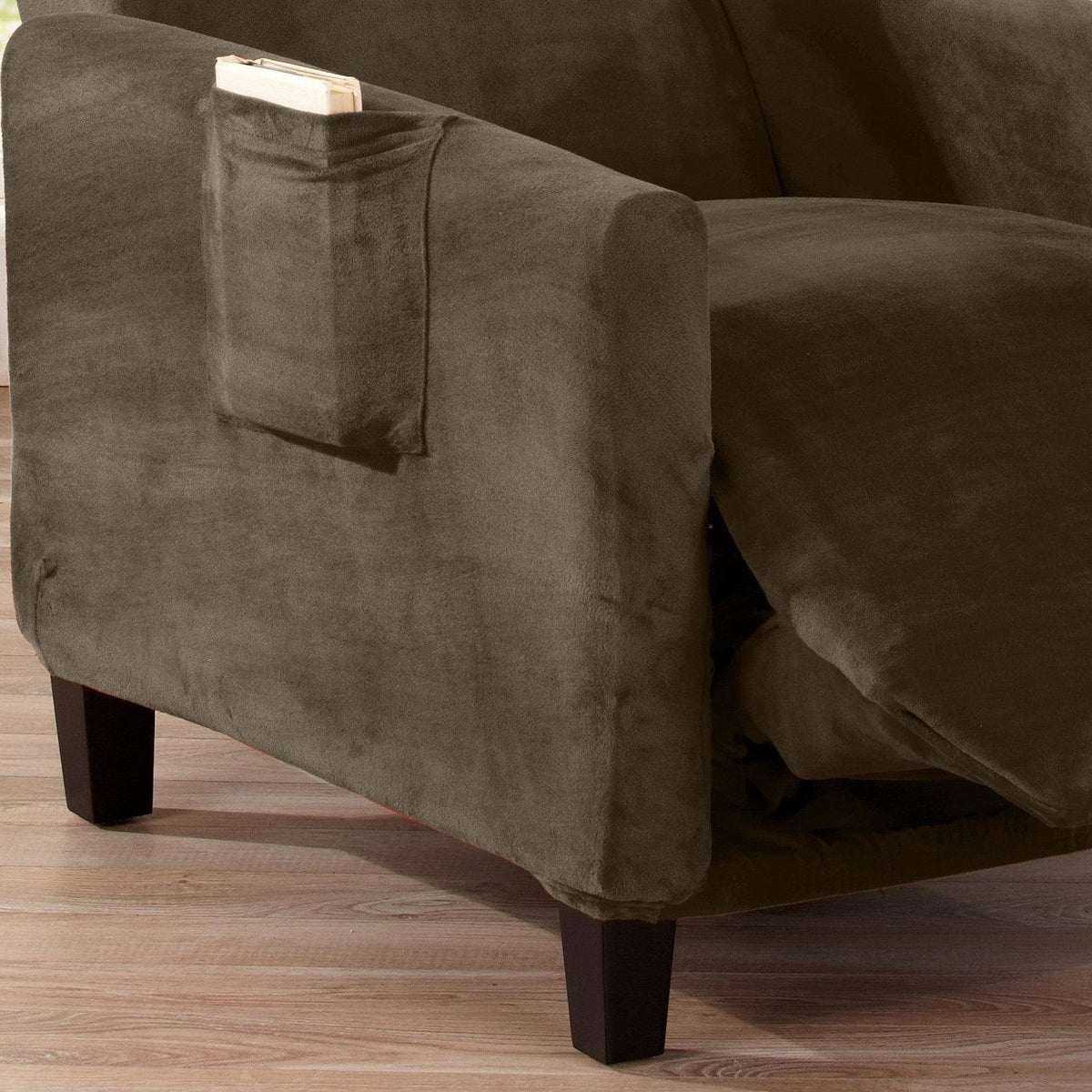 Velvet Stretch Slipcover Gale Collection by Great Bay Home in olive velvet on armchair on Tampa Home & Garden Store