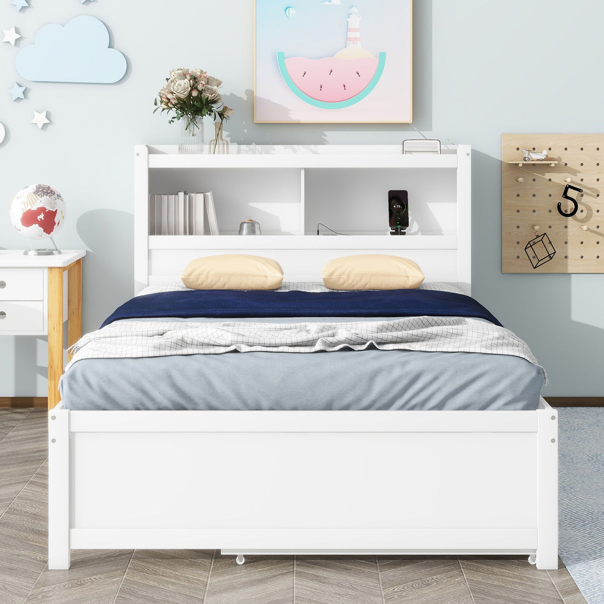 White full-size platform bed with built-in shelves, under-bed drawers and trundle option on Tampa Home & Garden Store