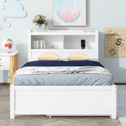 White full-size platform bed with built-in shelves, under-bed drawers and trundle option on Tampa Home & Garden Store