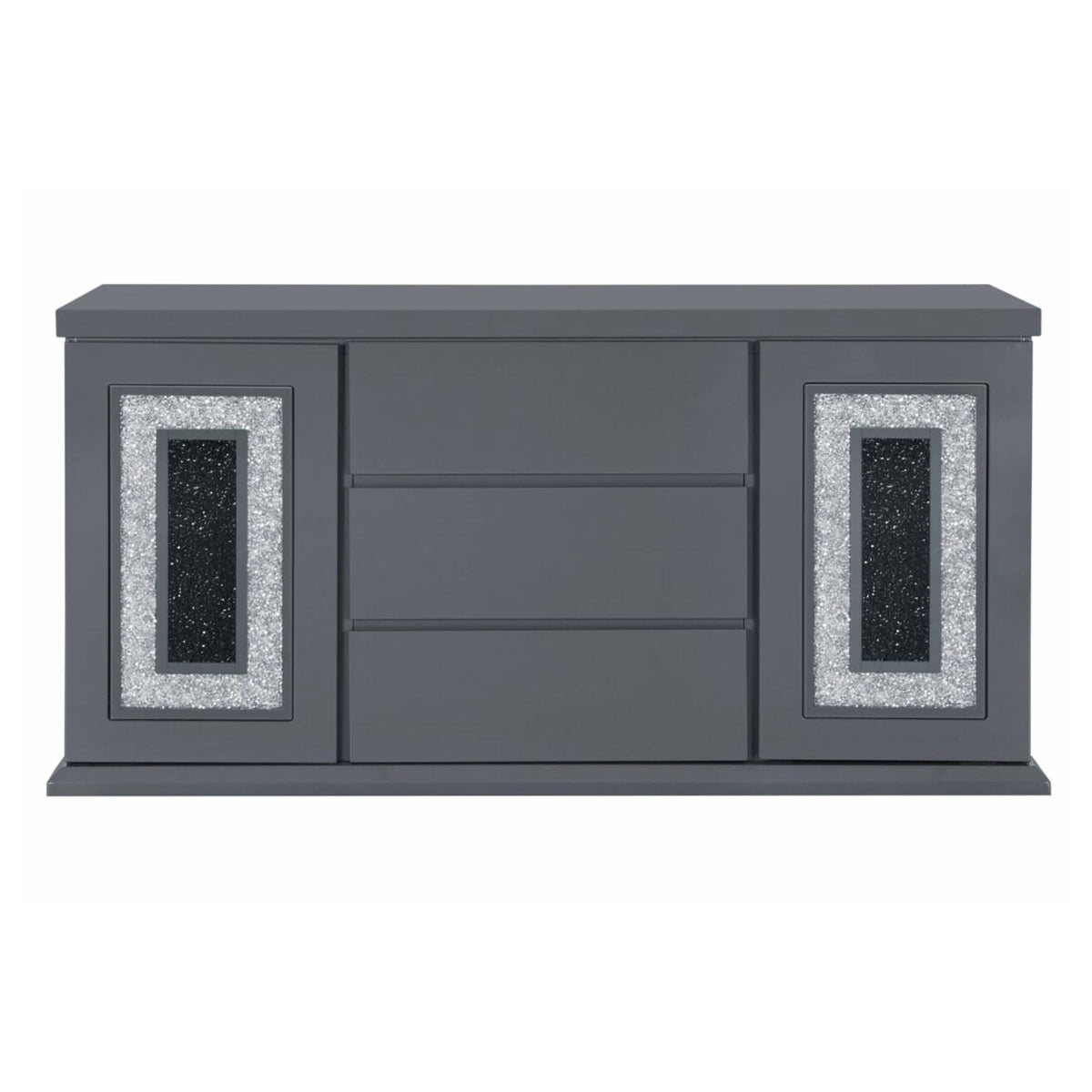 Buffet with clear glass inlay panels and glitter frame accents in dark gray high gloss finish on Tampa Home & Garden Store