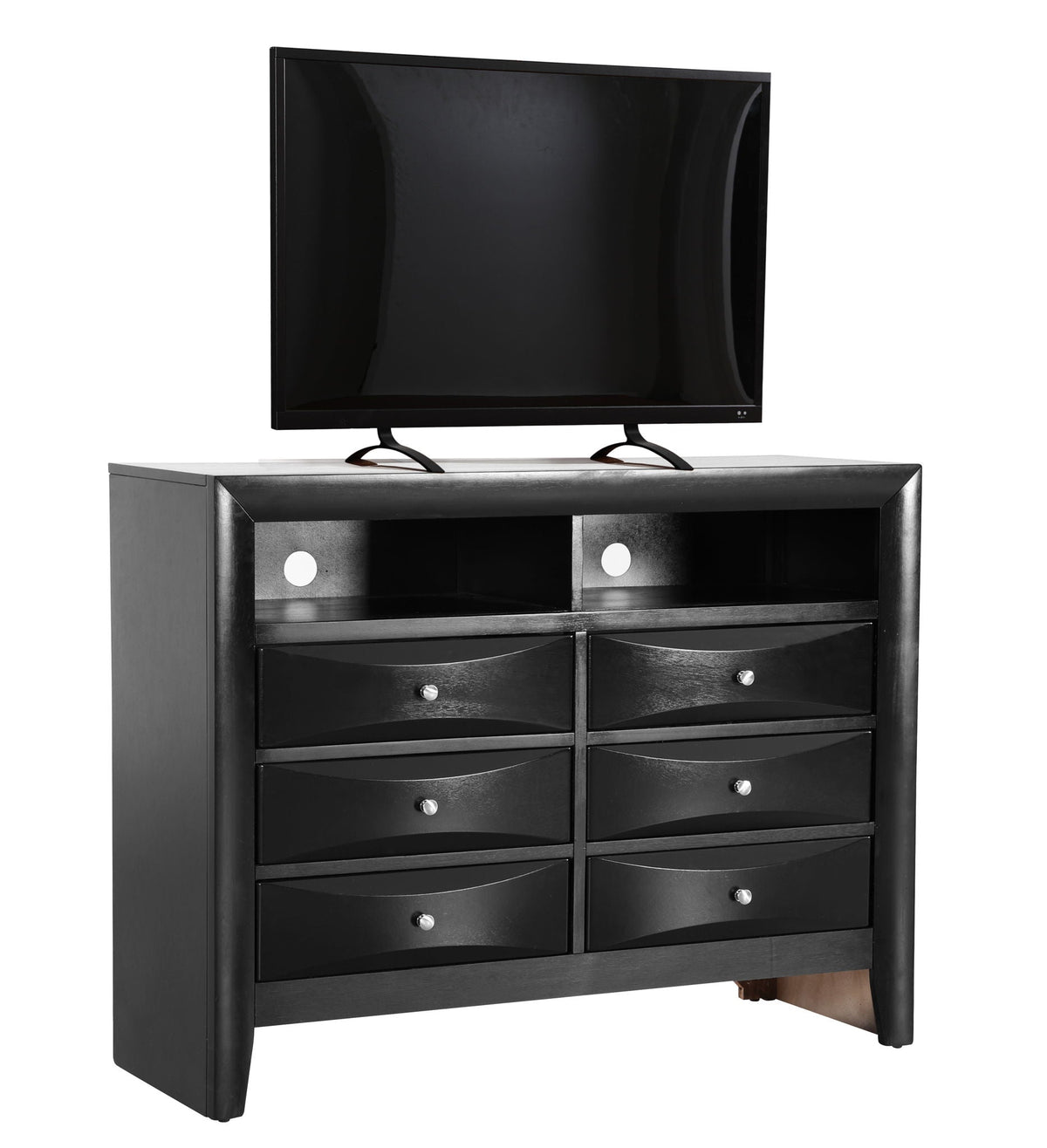 Media chest by HouseOfZazla with black beveled-front drawers and TV on top on Tampa Home & Garden Store