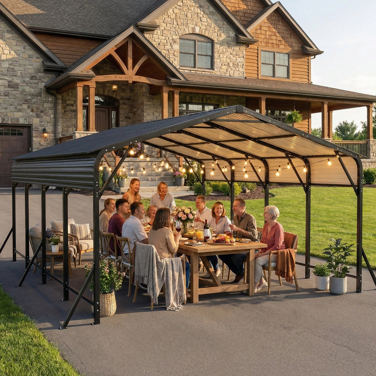 20x20 Galvanized Steel Carport Canopy with black frame over outdoor dining setup by HouseOfZazla on Tampa Home & Garden Store