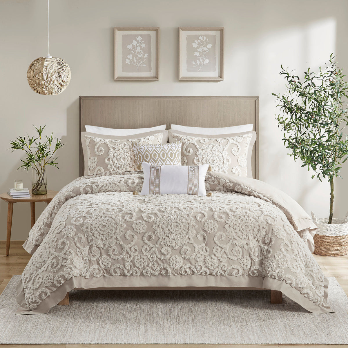 Cotton Comforter Mini Set Taupe King on bed with textured cream scrolling pattern on Tampa Home & Garden Store