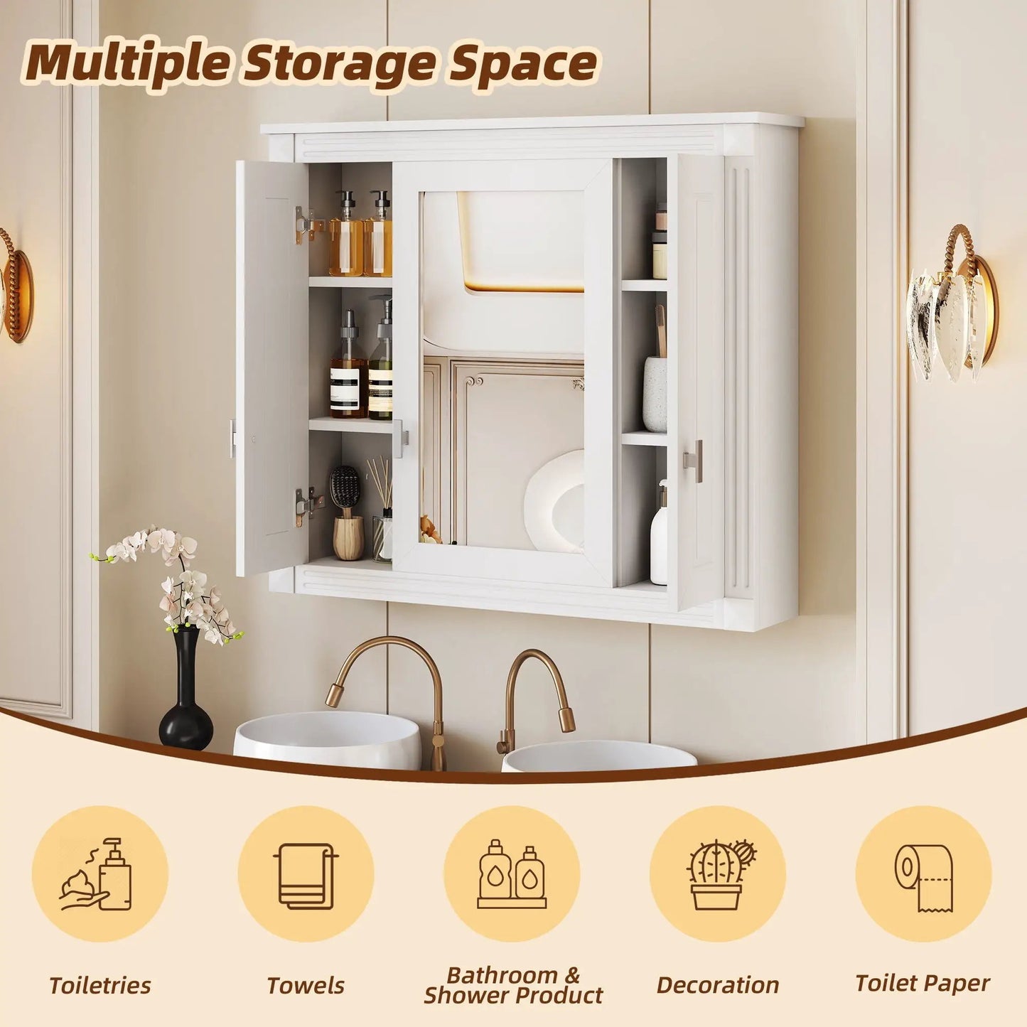 Wall Mounted Cabinet with Mirror and Shelves