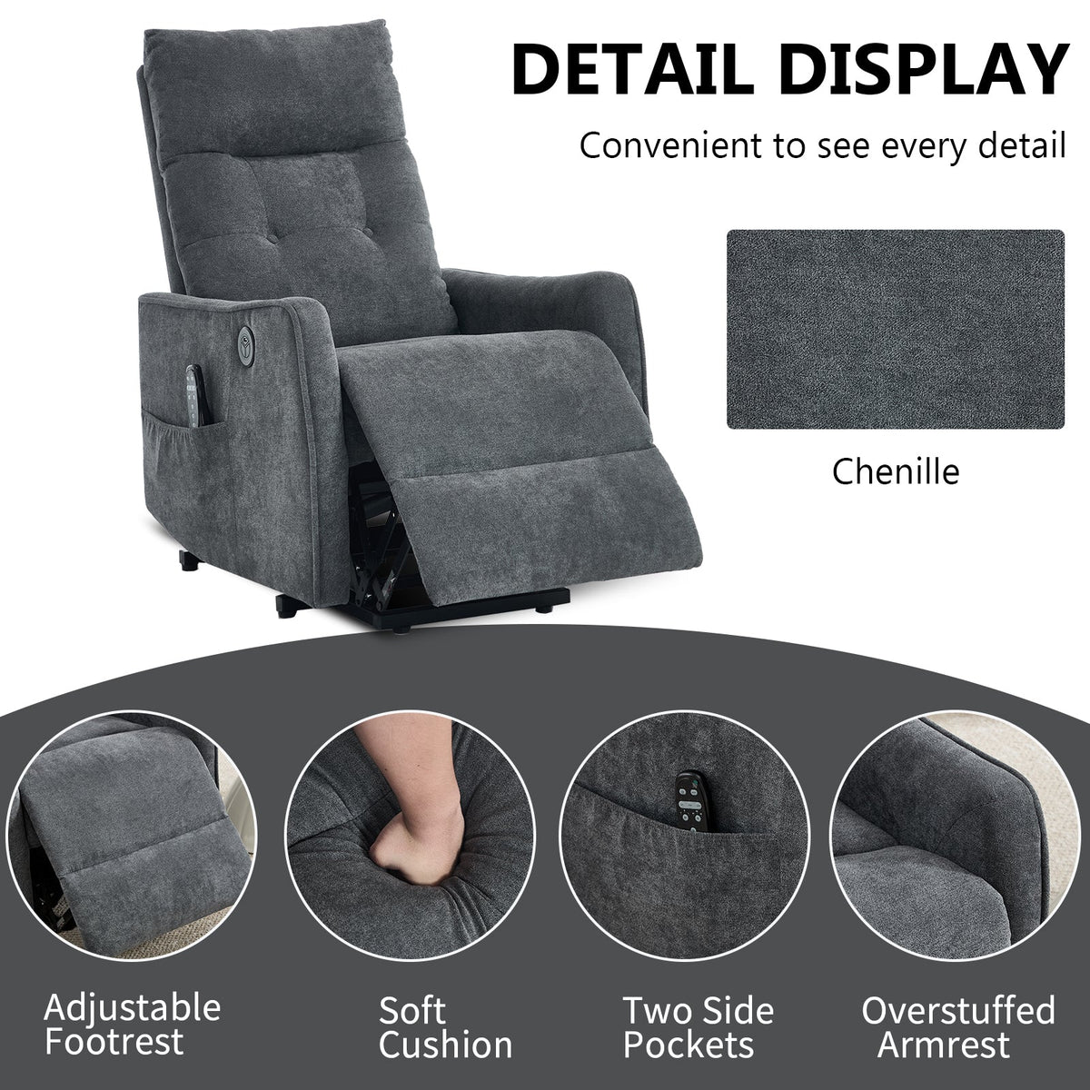 Grey Chenille Single Motor Power Lift Recliner Chair by HouseOfZazla with tufted back on Tampa Home & Garden Store