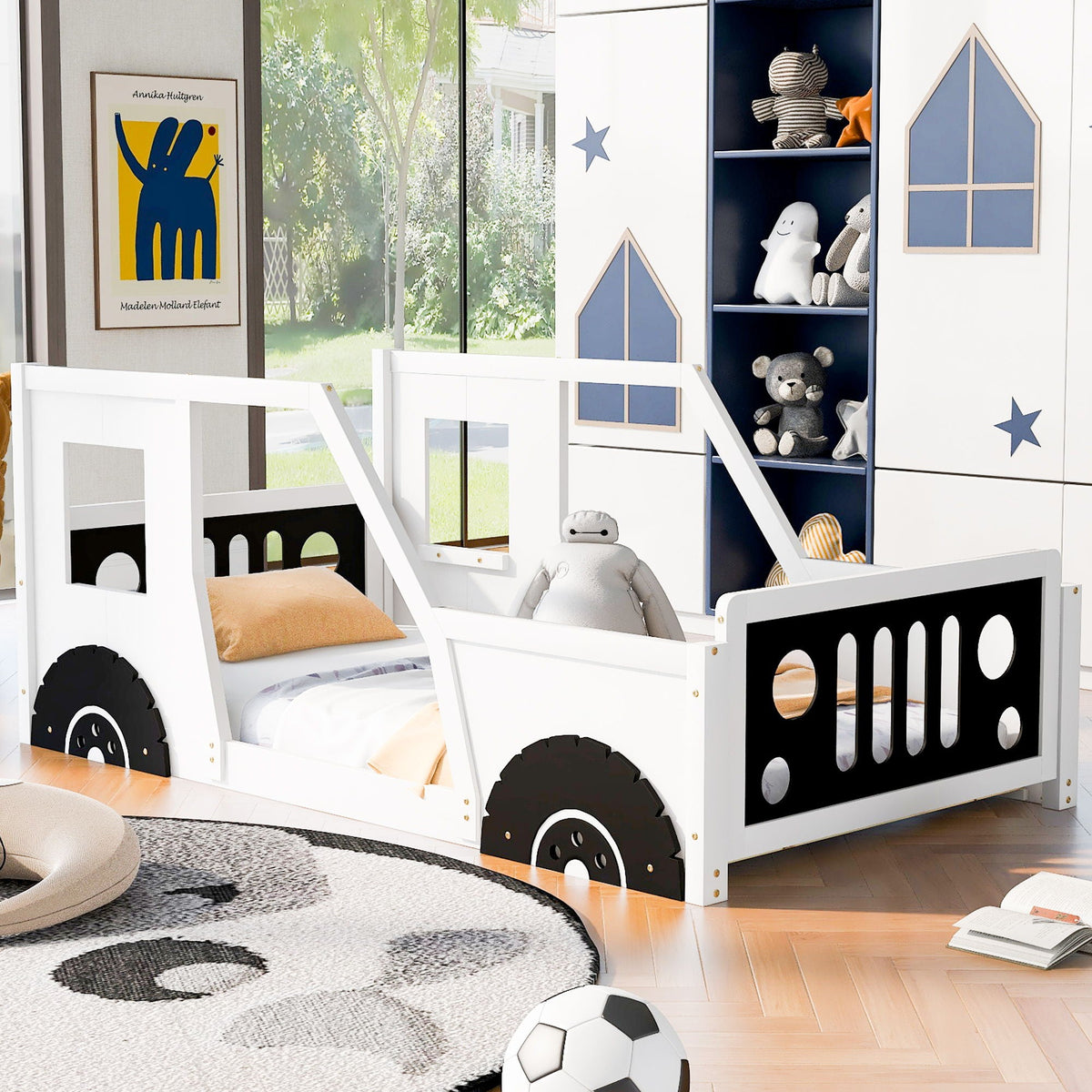 Classic Car Shaped Platform Bed with Wheels white wooden frame for kids on Tampa Home & Garden Store