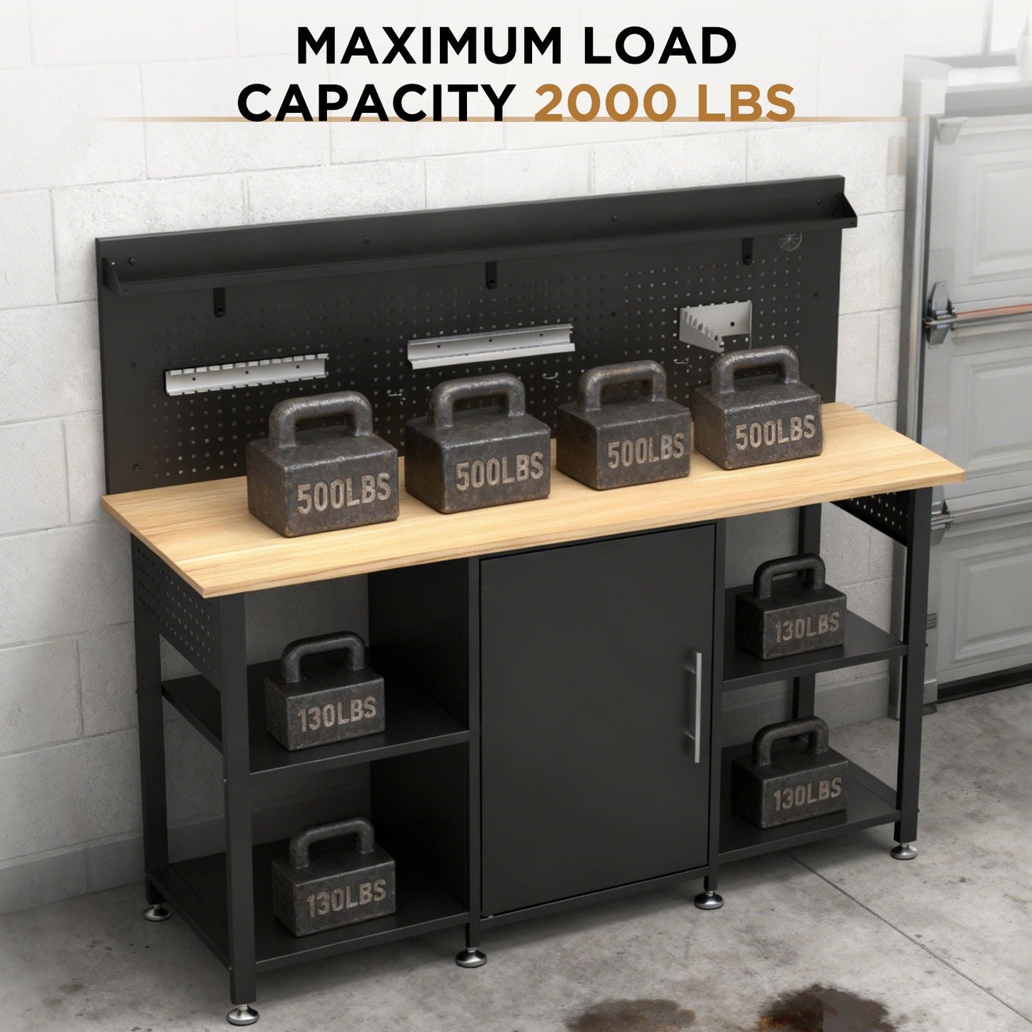 Black workbench with pegboard and cabinet by HouseOfZazla wooden top with weights on bench on Tampa Home & Garden Store