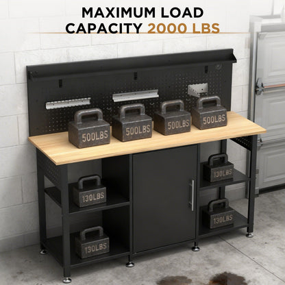 Black workbench with pegboard and cabinet by HouseOfZazla wooden top with weights on bench on Tampa Home & Garden Store