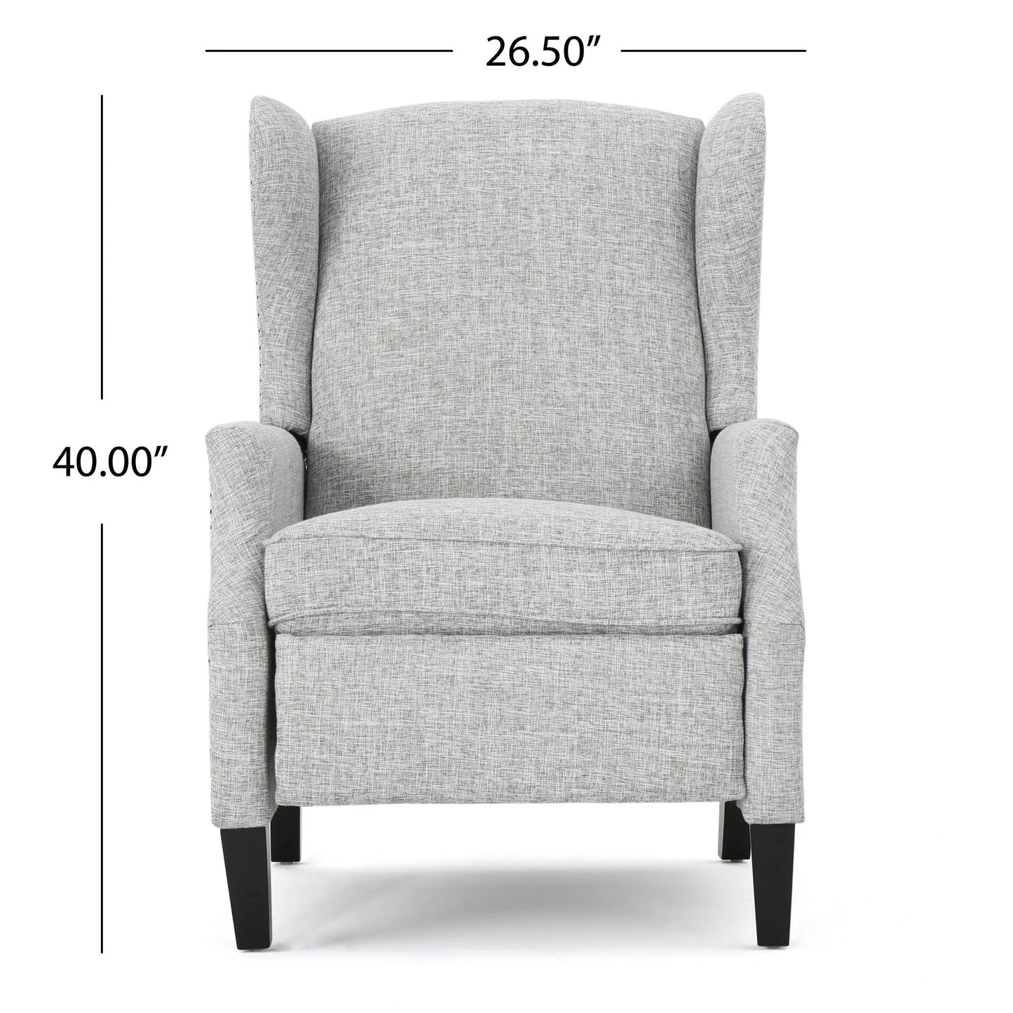 Westeros Wing Back Upholstered Recliner in light gray fabric with winged back on dark feet on Tampa Home & Garden Store