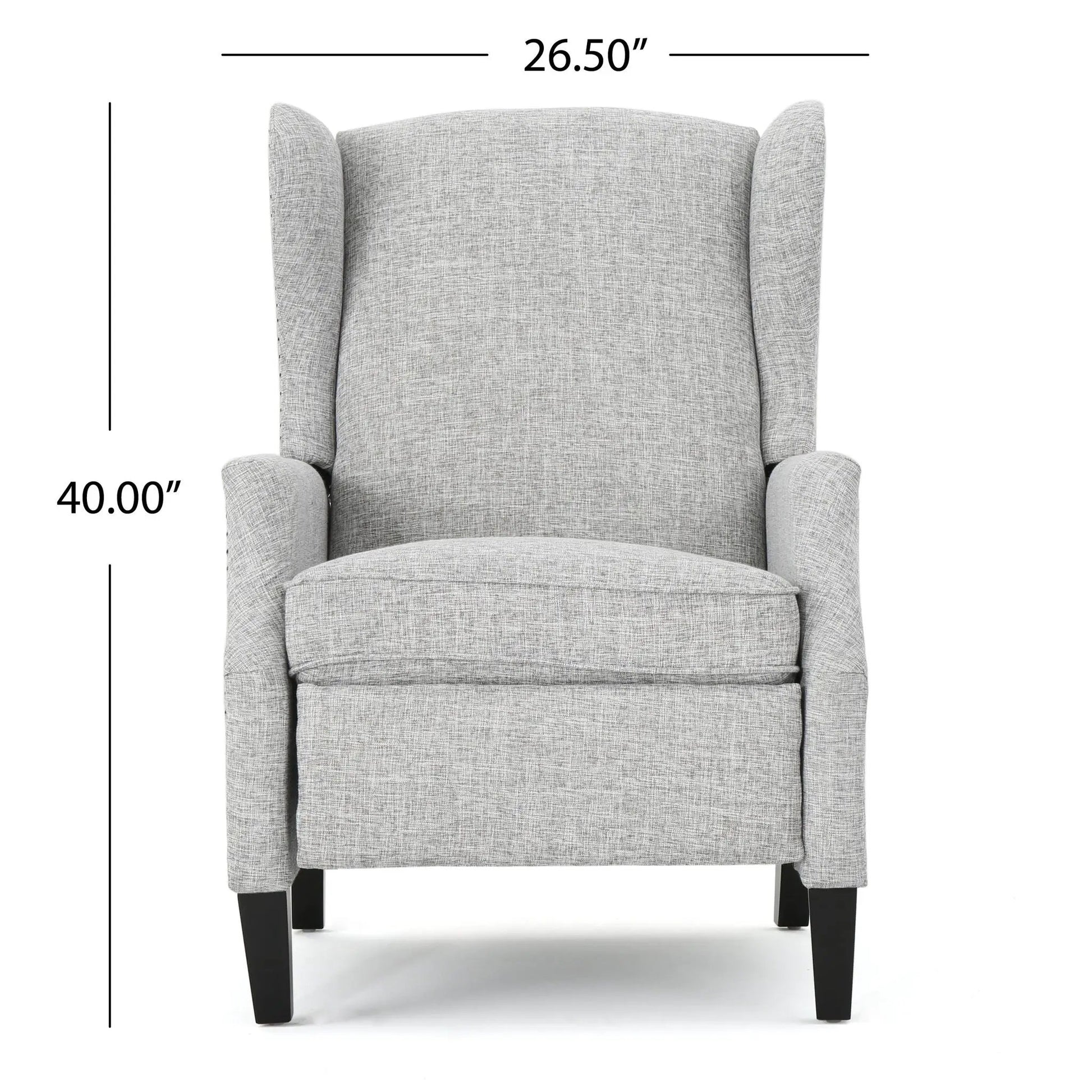 Westeros Wing Back Upholstered Recliner in light gray fabric with winged back on dark feet on Tampa Home & Garden Store